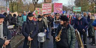 Menschen in Mänteln mit Schildern und Musikinstrumenten demonstrieren auf einer Straße.