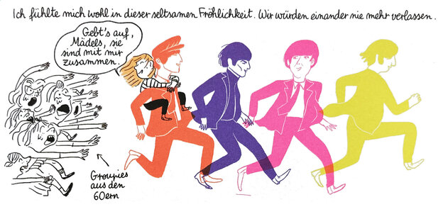 Zeichnung: orange-, lila-, pink- und gelbfarbene Musiker mit Magalie im Gepäck