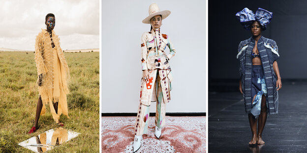Mode aus Afrika, drei Models zeigen unterschiedliche Designs