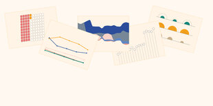 Eine Illustration zeigt auf hellem Hintergrund mehrere Infografiken