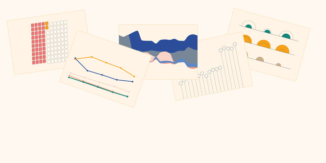 Eine Illustration zeigt auf hellem Hintergrund mehrere Infografiken