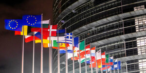 Flaggen der EU-Staaten vor dem Parlament in Straßburg.