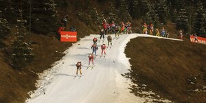 Biathlonsportler auf einem schmalen Schnneband auf grünen Wiesen