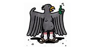 Illustration eines deutschen Adlers mit Bierflasche im Flügel und weißen Sandalen in den Socken