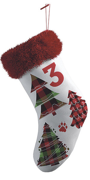 Eine Socke mit einer 3 und Weihnachtsbäumen