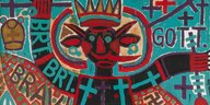Ein sehr farbenfrohes Gemälde mit einer männlichen Gottes-Figur, die sehr satanisch aussieht