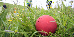 Boßelkugel aus Gummi liegt im Gras