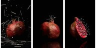 Auf drei Bildausschnitten sieht man Granatäpfel mit Nägeln