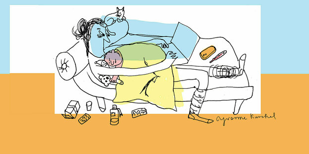 Illustration einer Frau, die am Computer arbeitet, während ein krankes Kind auf ihrem Bauch schläft