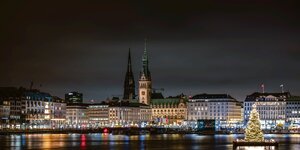 Blick auf die Hamburger Innenstadt mit Jungfernstieg und Rathaus