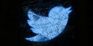 Das twitter-Logo hinter einer zerborstenen Glasscheibe