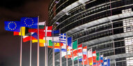 Das EU-Parlament im Hintergrund. Es ist ein rundes Haus mit vielen Stockwerken. Davor eine Reihe von Flaggen, die im Wind wehen. Ganz vorne die der EU. Dann die einzelner Länder. Es sind immer zwei Flaggen nebeneinander. Es ist dunkel.