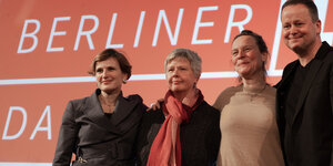 Bild mit dem Linke-Spitzenkandidat Lederer, Linke-Landeschefin Schubert, und den linken Senatorinnen Katja Kipping und Lena Kreck