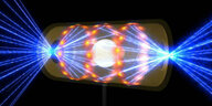Diese Illustration zeigt ein NIF-Target-Pellet in einer Hohlraumkapsel mit Laserstrahlen