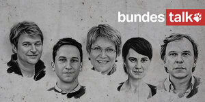 Die Köpfe der tazler*innen Bernd Pickert, Tobias Schulze, Sabine am Orde, Tanja Tricarico und Stefan Reinecke
