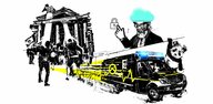 Die Illustration zeigt Bilder von taz-Recherchen: Unter anderem Demonstranten, die die Säulen des Bundestags umkippen und einen Rettungswagen mit Symbol der identitären Bewegung