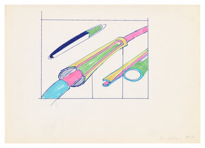 Eine bunte Zeichnung von Isa Genzken, in Türkis, Grün, Dunkelblau und Pink. Drei röhrenförmige Gebilde bewegen sich vom oberen rechten Bildraum auf die untere linke Ecke zu.