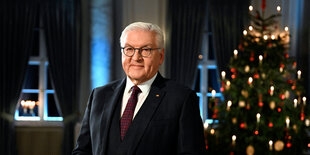 Frank-Walter Steinmeier im Schloss Bellevue vor einem Weihnachtsbaum