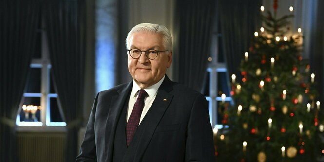 Bundespräsident Steinmeier steht vor einem Weihnachtsbaum