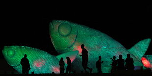 Fischskulpturen hergestellt aus recycelten Pastikflaschen