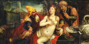 Gemälde von Hendrick Goltzius, auf dem eine nackte Susanna von zwei Männern bedrängt wird