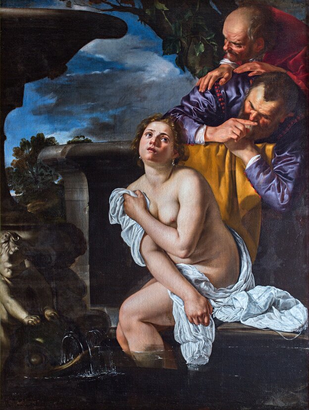 Gemälde von Artemisia Gentileschi, Susanna schaut nur mit einem Tuch bedeckt nach oben, hinter ihr lauern die Alten