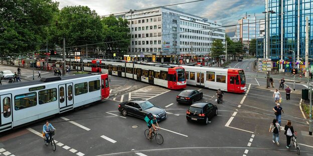A crossroads where trams, cars and cyclists mix