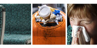 Auf den drei Bildern sind ein Bahnsitz, ein überfüllter Mülleimer und eine Person, die sich die Nase schneuzt zu sehen.