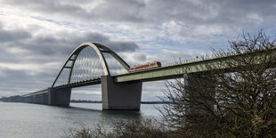 Eine Regionalbahn fährt über die Fehmarnsundbrücke