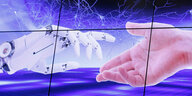 Eine Illustration einer Roboterhand und einer menschlichen Hand reichen nacheinander
