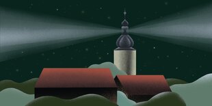 Eine Illustration zeigt ein altes Klostergemäuer und einen stilsierten Leuchtturm: aus dem alten Kloster Weißenohe bei Nürnberg soll eine Chorakademie werden