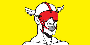 Zu sehen ist ein maskuliner weißer Oberkörper vor gelbem Hintergrund. Die Augen sind mit einer roten Maske verdeckt. Im Mund steckt ein Ball.