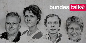 Die Köpfe der taz-Podcaster*innen Pascal Beucker, Anna Lehmann, Stefan Reinecke und Sabine am Orde