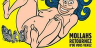 Ausriss der Titelseite des Magazins Charlie Hebdo, darauf zu sehen: Menschen mit Turban auf dem Weg in die Vagina einer fröhlichen nackten Frau