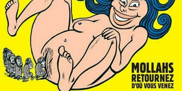 Ausriss der Titelseite des Magazins Charlie Hebdo, darauf zu sehen: Menschen mit Turban auf dem Weg in die Vagina einer fröhlichen nackten Frau
