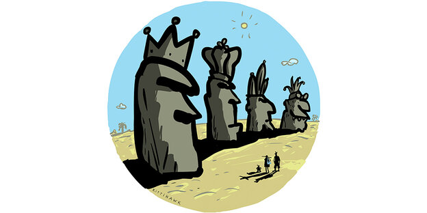 Der Cartoon von Kittihawk zeigt in Farbe vier Heilige König im Stil der Osterinselfiguren. Sie werden von Menschen betrachtet.