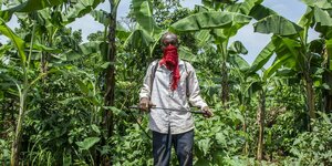 Bauer Faustine Mugalula posiert für ein Foto. Erträgt einen roten Mundschutz und hält eine Pestizidspritze in den Händen