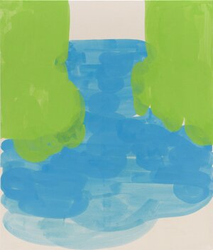 Abstract painting with large areas of color in light green and blue