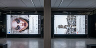 Zwei überdimensionale Bildschirme zeigen digital verfremdete Instagram-Fotos