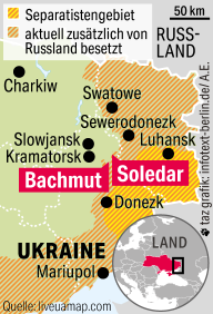 Eine Karte zeigt die Lage der Städte Bachmut und Soledar an der Front
