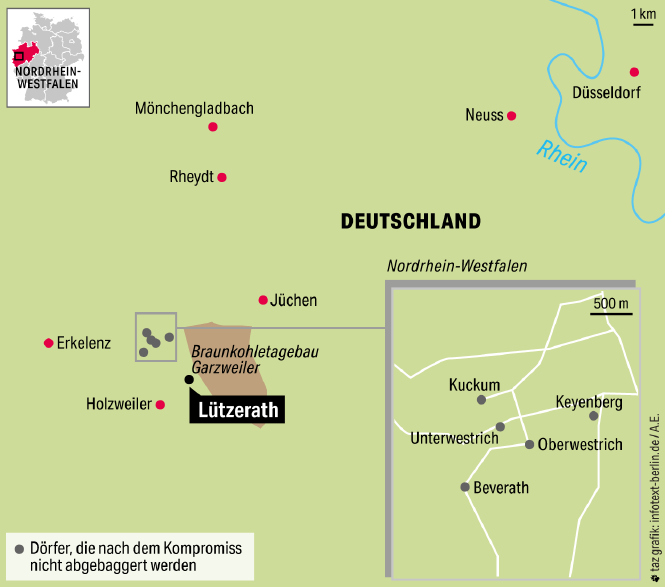 Karte des Braunkohlereviers, hervorgehoben Lützerath und der Tagebau Garzweiler