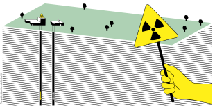 Eine Grafik zeigt das Warnzeichen für Radioaktivität und die schematische Darstellung eines der Oberflächenanlage eines Endlagers