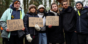 Luisa Neubauer, Greta Thunberg, Lakshmi Thevasagayam und Florian Oezcan in Lützerath