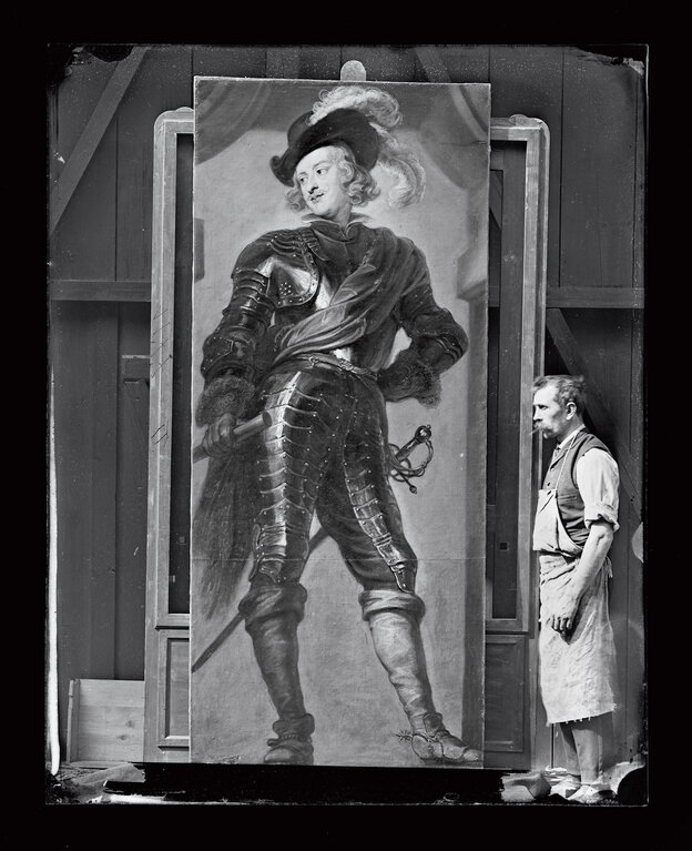 Schwarzweiß-Fotografie eines historischen Gemäldes mit Atelierarbeiter, Aufnahme von 1889