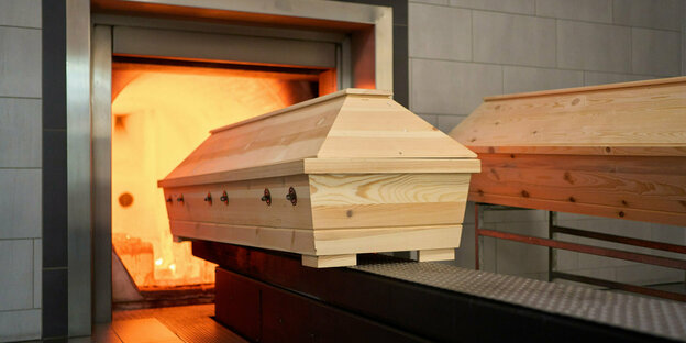A coffin in a crematorium