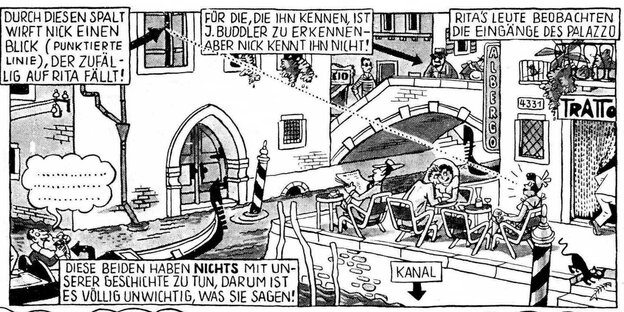 Ein Knatterton-Strip: In einem großen, Splash-Panel wird Venedigs Getümmel entworfen, während Nick Knatterton dem Kanal entsteigt. Dieser und weitere angedeutete Handlungen werden in den folgenden Bildern weitergesponnen.