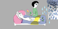Illustration: Eine alte Frau liegt auf einem rosafarbenem Kissen, eine junge Frau hält ihre Hand. Es regnet