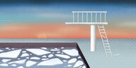 Illustration eines SChwimmbads mit Sprungturm, das Wasser im Schwimmbecken ist vereist