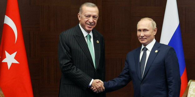 Erdogan und Putin tragen Anzüge, schütteln sich die Hände und stehen vor den jeweiligen Nationalfahnen