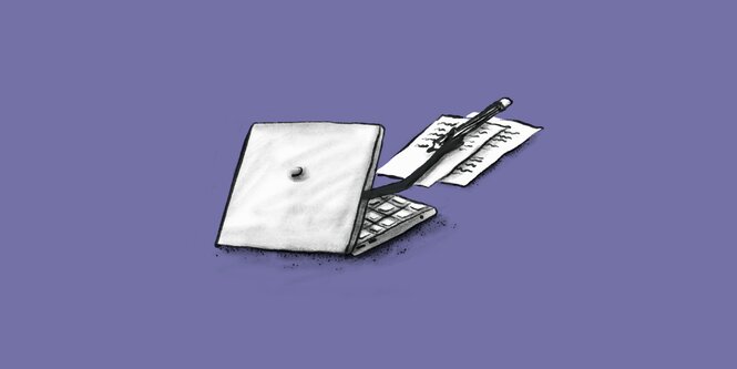 Ilustration, zeigt einen Laptop, der mit einem Arm auf Papier schreibt